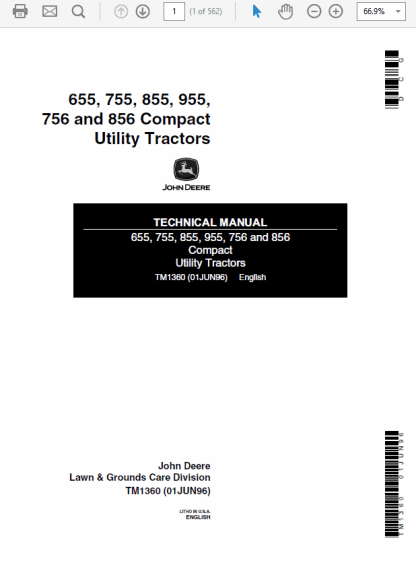 John Deere 655, 755, 855, 955, 756 and 856 Compact Tractors Technical Manual