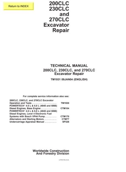 John Deere 200CLC, 230CLC ,270CLC Excavator Technical Manual
