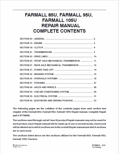 Case Farmall 85U,95U,105U Tractors Service Manual