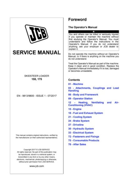 JCB 155,175 Skid Steer Loader Service Manual