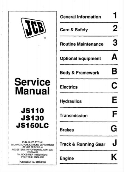 JCB JS110, JS130, JS150LC Tracked Excavator Service Manual