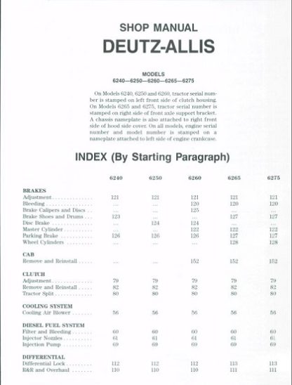 Deutz-Allis 6240, 6250, 6260, 6265, 6275 Tractor Shop Manual