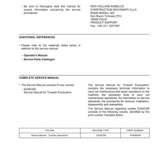 New Holland Crawler Excavator E230CSR Service Manual