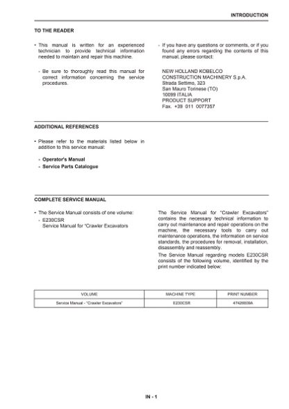 New Holland Crawler Excavator E230CSR Service Manual