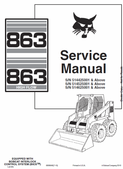 Bobcat 863, 863 High Flow Skid Steer Loaders Service Manual